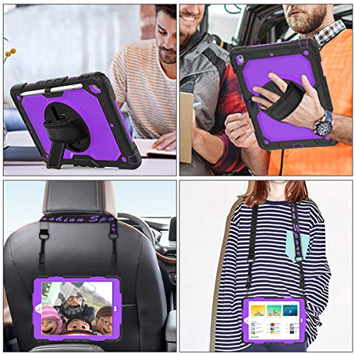 SEYMAC stock Case for iPad 9th/ 8th/ 7th Generation 10.2'', Shockproof with Screen Protector, Pencil Holder [360° Rotating Hand Strap] & Stand, for iPad 10.2 inch 2021-2019 (Purple+Black) - Image 4