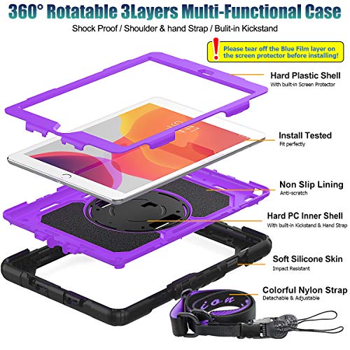 SEYMAC stock Case for iPad 9th/ 8th/ 7th Generation 10.2'', Shockproof with Screen Protector, Pencil Holder [360° Rotating Hand Strap] & Stand, for iPad 10.2 inch 2021-2019 (Purple+Black) - Image 5