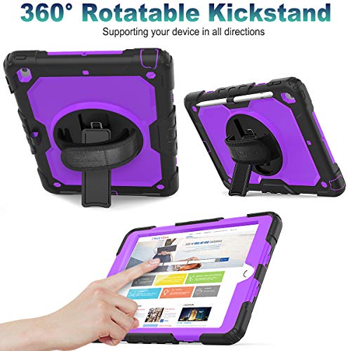 SEYMAC stock Case for iPad 9th/ 8th/ 7th Generation 10.2'', Shockproof with Screen Protector, Pencil Holder [360° Rotating Hand Strap] & Stand, for iPad 10.2 inch 2021-2019 (Purple+Black) - Image 3