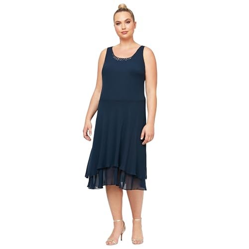 S.L. Fashions Women's Plus Mother of The Bride Tiered Jacket Dress with Shoulder Embellishment, Navy, 24 - Image 2