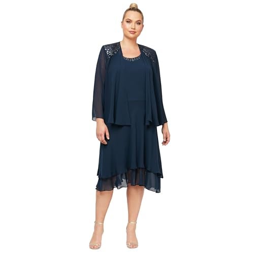 S.L. Fashions Women's Plus Mother of The Bride Tiered Jacket Dress with Shoulder Embellishment, Navy, 24 - Image 1