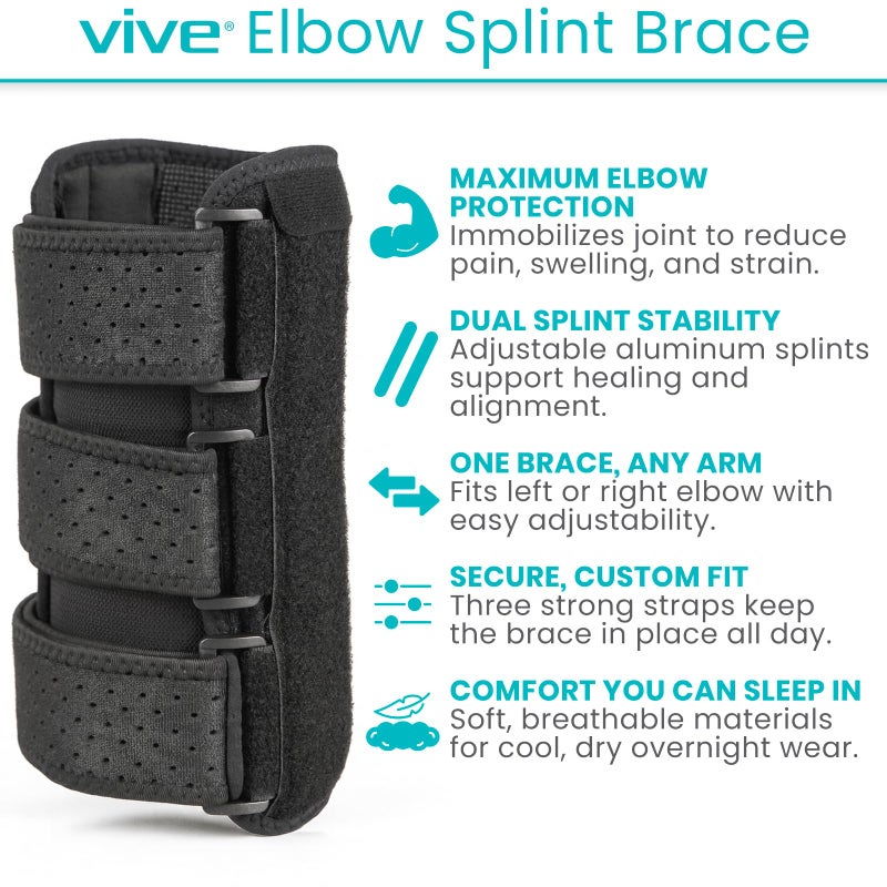 Vive Elbow Splint Brace for Tendonitis, Cubital Tunnel, Sleep Support, Tennis Elbow - 2 Removeable Splints That Stabilize Joint for Pain Relief - Arm Compression Sleeve Immobilizer for Men and Women - Image 2