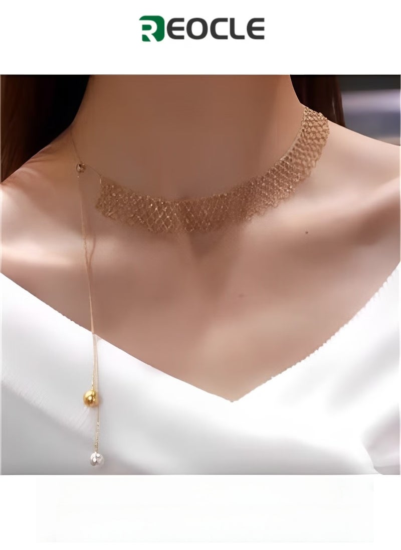 REOCLE Women's Necklace Premium Tassel Pearl Double Bead Pendant Necklace Pearl Chain Choker Necklace Baroque Pearl Pendant Necklaces Simple Jewelry Gifts  - Image 1