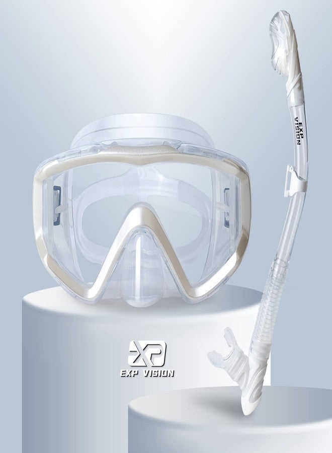 EXP VISION Dry Snorkel Set, Pano 3 Window Snorkel Mask, Anti-Fog Scuba Diving Goggles and Snorkel, Professional Adult Snorkeling Swim Mask Gear (Pearl White) - Image 1