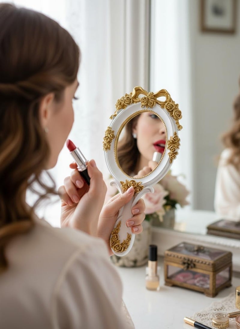 LAMAY Elegant Women's Handheld Mirror, Antique Embossed Floral Princess Pattern, Portable Travel Vanity Table Decor (White) - Image 2