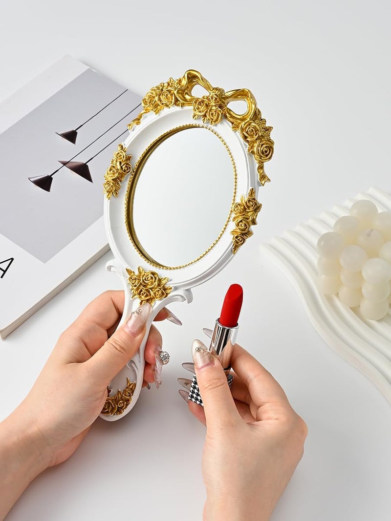LAMAY Elegant Women's Handheld Mirror, Antique Embossed Floral Princess Pattern, Portable Travel Vanity Table Decor (White) - Image 1