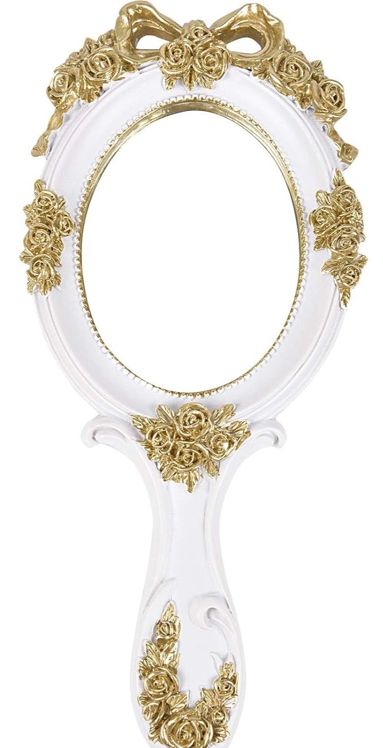 يُسلِّم مرآة يدوية أنيقة للنساء، بنقشة زهور عتيقة بارزة، ديكور طاولة زينة محمول للسفر (أبيض) - Image 1