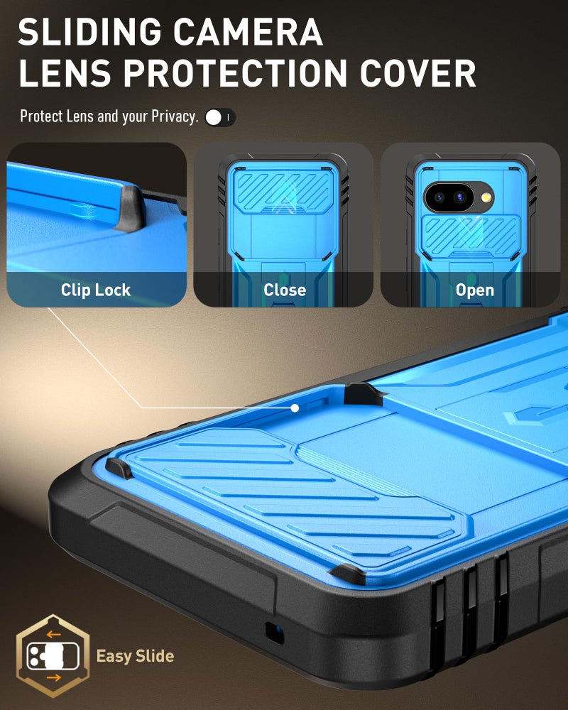Poetic Revolution Case for Google Pixel 9A 5G, [Slide Camera Cover], Built-in Screen Protector [Work with Fingerprint ID], [2 Front Frame] Full Body Rugged Shockproof Case with Kickstand, Lighte Blue - Image 4