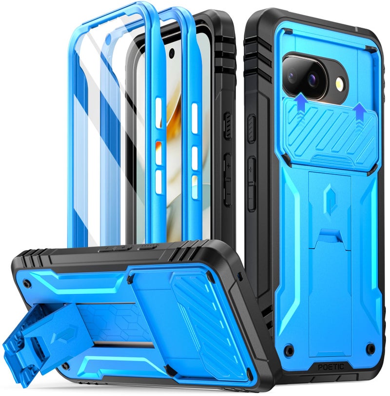 Poetic Revolution Case for Google Pixel 9A 5G, [Slide Camera Cover], Built-in Screen Protector [Work with Fingerprint ID], [2 Front Frame] Full Body Rugged Shockproof Case with Kickstand, Lighte Blue - Image 1