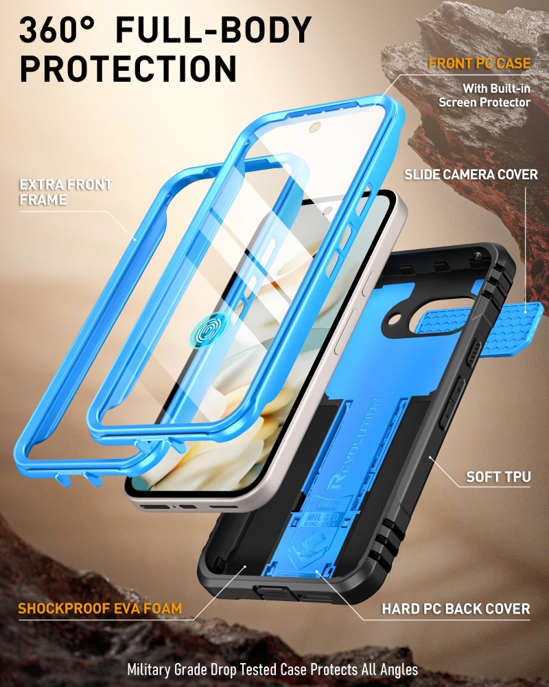 Poetic Revolution Case for Google Pixel 9A 5G, [Slide Camera Cover], Built-in Screen Protector [Work with Fingerprint ID], [2 Front Frame] Full Body Rugged Shockproof Case with Kickstand, Lighte Blue - Image 2