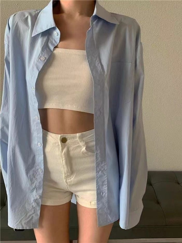 Elegant Artistic Light Blue Shirt 2025 Spring And Korean Fashionable Mid-Length Loose Commuting Long-Sleeved Shirt - Image 2