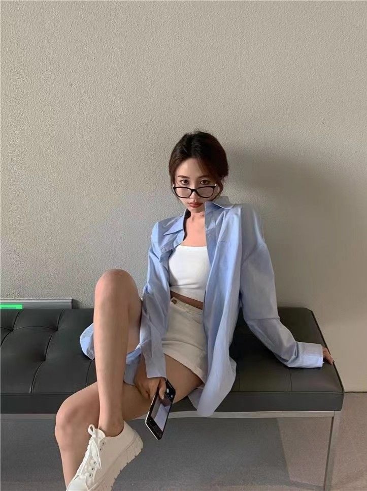 Elegant Artistic Light Blue Shirt 2025 Spring And Korean Fashionable Mid-Length Loose Commuting Long-Sleeved Shirt - Image 5