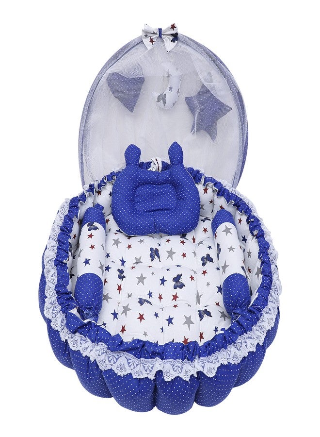 LOREM Multicolor 3 Pillow with Mosquito Protection Net & Round Shape Cotton Baby Bed for 0-1 Year OE-BB19-20-21 (Blue) - Image 1