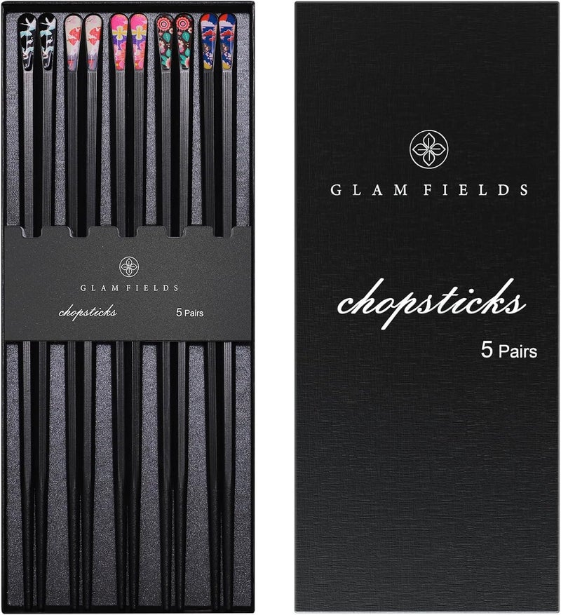 GLAMFIELDS 5 Pairs Premium Chopsticks Reusable Dishwasher Safe 9.5 Inch Fiberglass Chop Sticks Gift Set Hexagon Black Non Slip with the Printed Tops - Image 1
