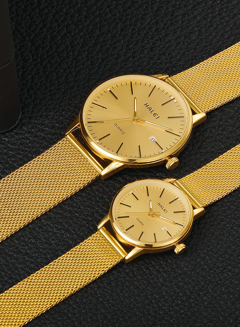 HALEI HALEI 2 Piece Set Luxury Couple Watches Gold Tone Stainless Steel Quartz Calendar Watches Rhinestones Men's and Women's Watch Set with Calendar - Image 4