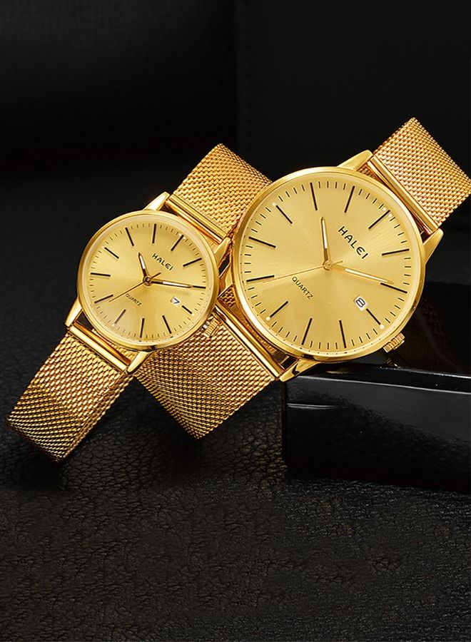 HALEI HALEI 2 Piece Set Luxury Couple Watches Gold Tone Stainless Steel Quartz Calendar Watches Rhinestones Men's and Women's Watch Set with Calendar - Image 2