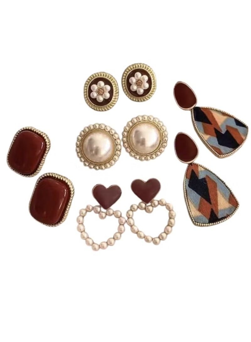 مجموعة من 10 قطع من الأقراط ذات اللونين بتصميم قلب مجوف على شكل زهرة لؤلؤة عتيقة بسيطة فاخرة وفريدة من نوعها - Image 1