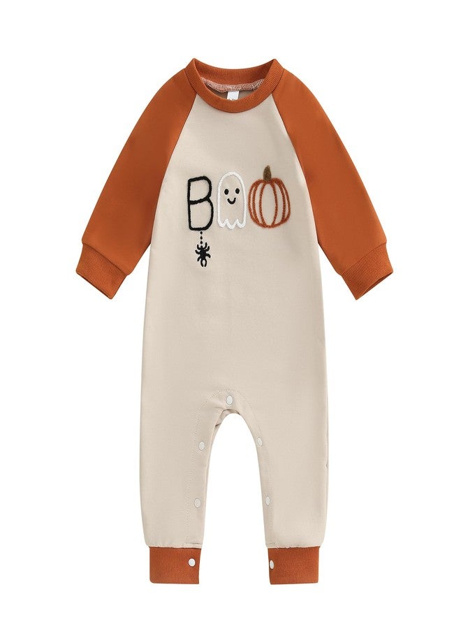 Lukivech Newborn Infant Baby Boy Girl Halloween Outfit Boo Embroidery Romper Long Sleeve Jumpsuit Bodysuit Cute Fall Clothes (A-Apricot, 6-12 Months) - Image 1
