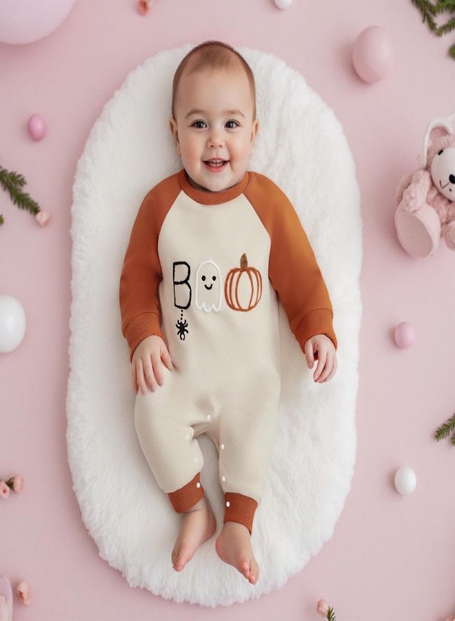 Lukivech Newborn Infant Baby Boy Girl Halloween Outfit Boo Embroidery Romper Long Sleeve Jumpsuit Bodysuit Cute Fall Clothes (A-Apricot, 6-12 Months) - Image 2