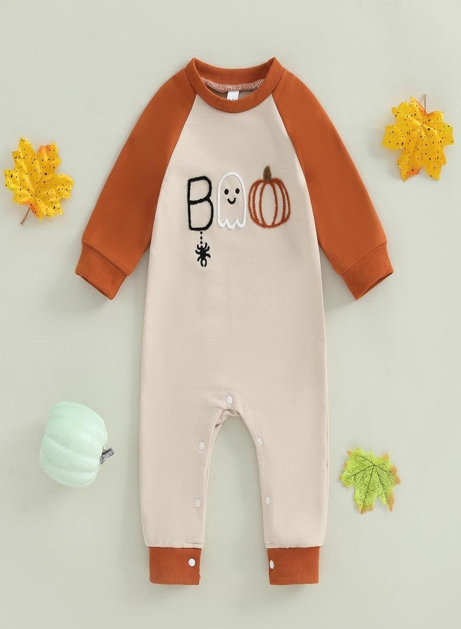 Lukivech Newborn Infant Baby Boy Girl Halloween Outfit Boo Embroidery Romper Long Sleeve Jumpsuit Bodysuit Cute Fall Clothes (A-Apricot, 6-12 Months) - Image 4