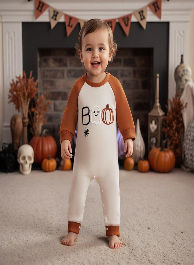 Lukivech Newborn Infant Baby Boy Girl Halloween Outfit Boo Embroidery Romper Long Sleeve Jumpsuit Bodysuit Cute Fall Clothes (A-Apricot, 6-12 Months) - Image 3