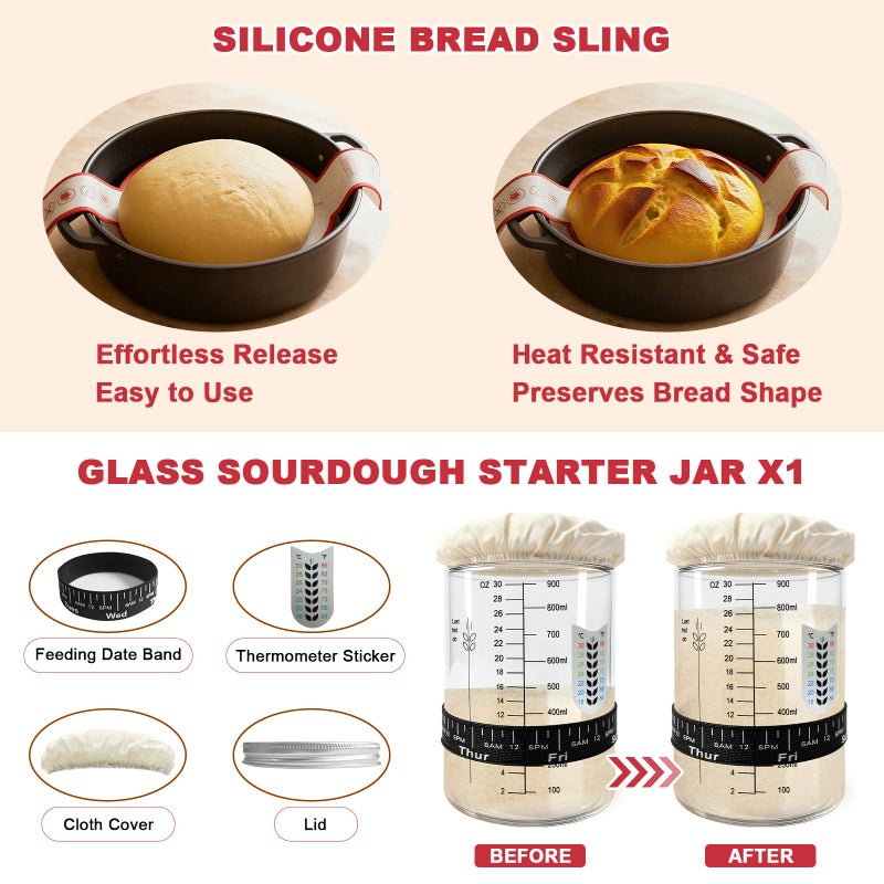 Qalvyn Sourdough Bread Baking Supplies, Sourdough Starter Kit with Cotton Rope Oval & Round Bread Proofing Basket and Sourdough Starter Jar, Artisan Bread Making Kit Ideal Gift for Bakers, Women Wife Mom - Image 5