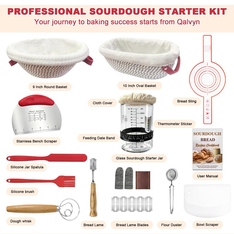 Qalvyn Sourdough Bread Baking Supplies, Sourdough Starter Kit with Cotton Rope Oval & Round Bread Proofing Basket and Sourdough Starter Jar, Artisan Bread Making Kit Ideal Gift for Bakers, Women Wife Mom - Image 2