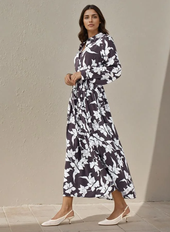 سبلاش فيڤ فستان قميص نسائي بطبعة زهور مع تفاصيل ربط فيسكوز