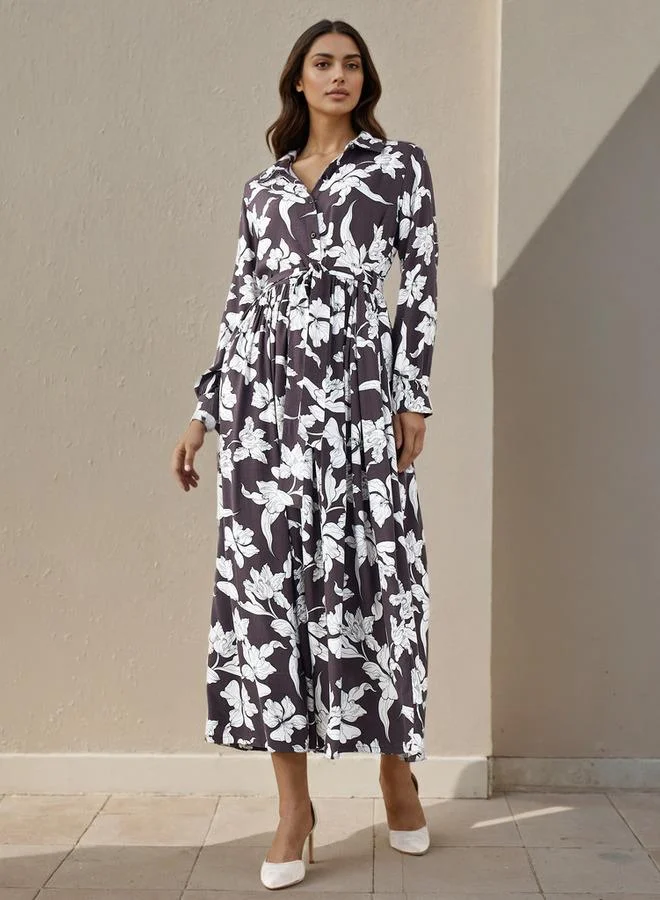 سبلاش فيڤ فستان قميص نسائي بطبعة زهور مع تفاصيل ربط فيسكوز