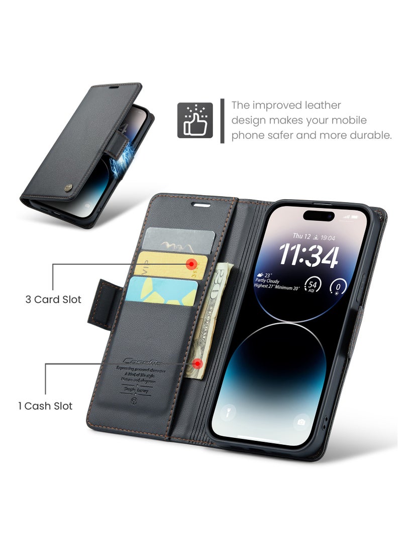 Flip Wallet Case for iPhone 15 Pro, Leather Magnetic Attachment Flip Case black - Image 2