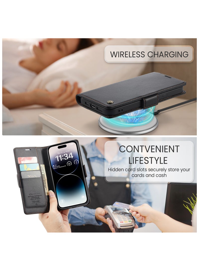 Flip Wallet Case for iPhone 15 Pro, Leather Magnetic Attachment Flip Case black - Image 5