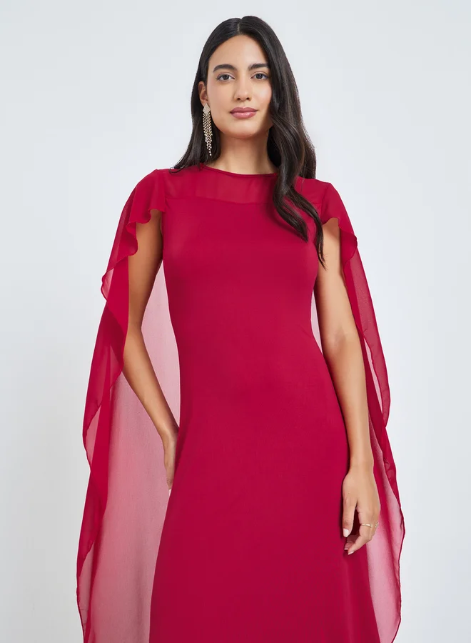 Styli Burgundy Chiffon Cape Midi Dress