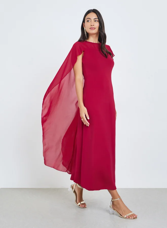 Burgundy Chiffon Cape Midi Dress