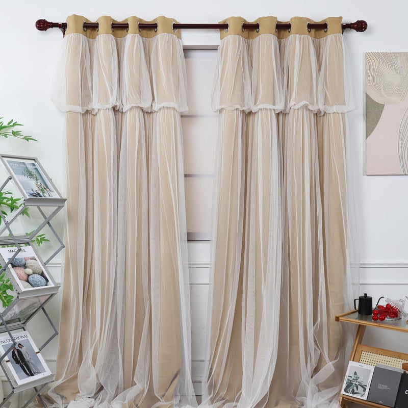 INLINAS 52W x 96L Inch Blackout Curtains with Wedding Backdrop Style Sheer Overlay Thermal Noise Reduction for Bedroom and Living Room Energy Saving Panels  Gold Curtains with White Sheer - Image 1