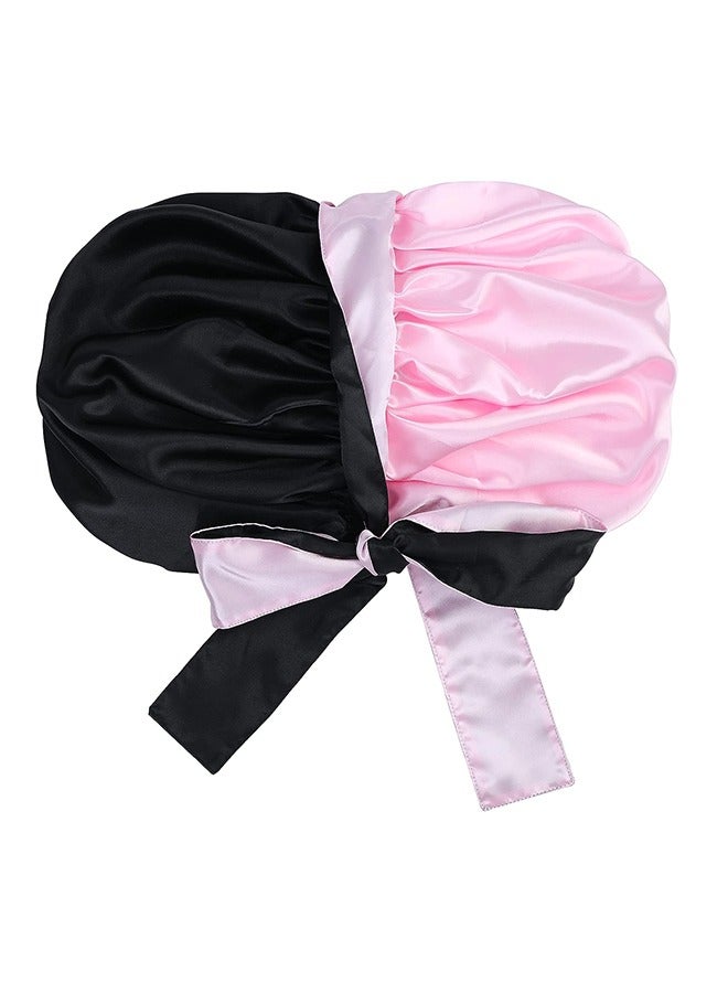 Satin Silk Bonnet Hair Cap with Silk Ribbon, Bicolourable Hair Cover Bonnet, Jumbo Adjustable Double Layer Reversible Nightcap, Oversize Hair Cap (Black & Pink) - Image 2