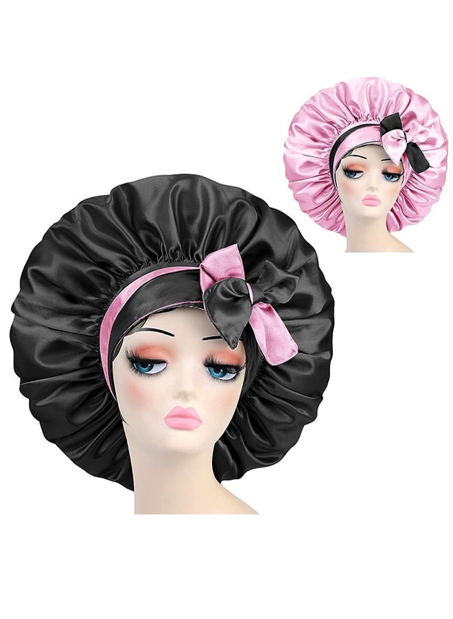 Satin Silk Bonnet Hair Cap with Silk Ribbon, Bicolourable Hair Cover Bonnet, Jumbo Adjustable Double Layer Reversible Nightcap, Oversize Hair Cap (Black & Pink) - Image 1