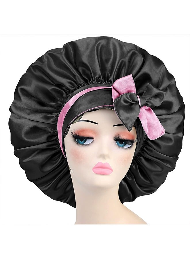 Satin Silk Bonnet Hair Cap with Silk Ribbon, Bicolourable Hair Cover Bonnet, Jumbo Adjustable Double Layer Reversible Nightcap, Oversize Hair Cap (Black & Pink) - Image 4