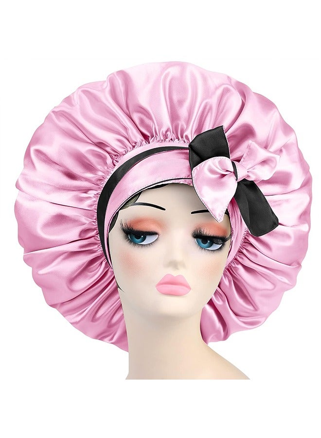 Satin Silk Bonnet Hair Cap with Silk Ribbon, Bicolourable Hair Cover Bonnet, Jumbo Adjustable Double Layer Reversible Nightcap, Oversize Hair Cap (Black & Pink) - Image 5