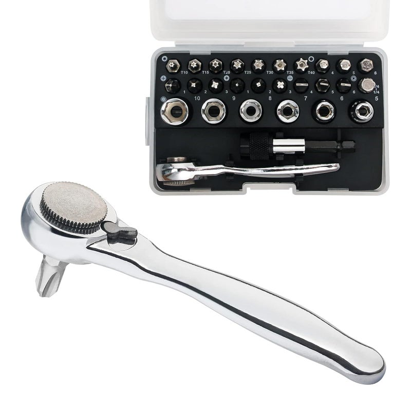 SHARDEN 14 Mini Ratchet Set 28pcs Right Angle Screwdriver and Bit with Metric Socket Set 72 Tooth Small Ratcheting Wrench Offset Screwdriver Low Profile Stubby Ratchet for Tight Spaces