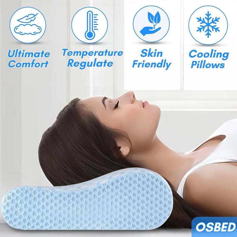 OSBED Cervical Pillow - Ergonomic Memory Foam Neck Pillow for Side & Stomach Sleepers with Ice Silk Cover (Blue, 40cm X 70cm) - Image 3