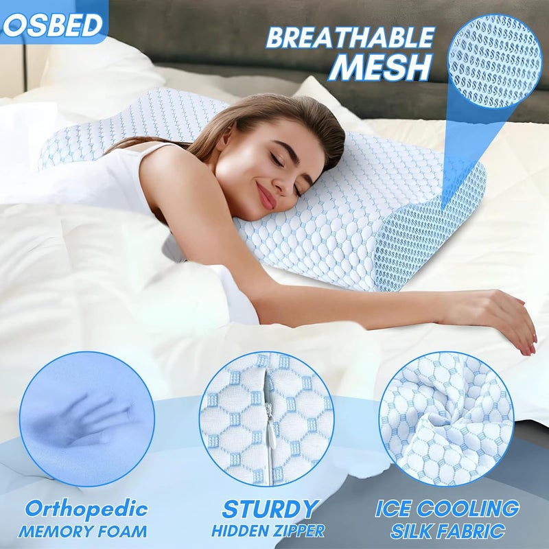 OSBED Cervical Pillow - Ergonomic Memory Foam Neck Pillow for Side & Stomach Sleepers with Ice Silk Cover (Blue, 40cm X 70cm) - Image 4