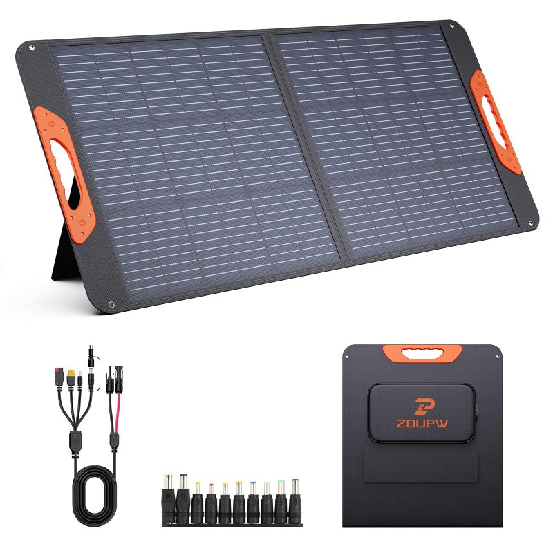 ZOUPW لوحة شمسية محمولة ZOUPW 100W مع كابل 5 في 1، كفاءة 23.5% شاحن شمسي قابل للطي لجاكيري 300/إيكوفلو ريفر/أنكر سولكس، مقاوم للماء IP67 للطاقة خارج الشبكة لتخييم RV احتياطي البطارية - Image 1