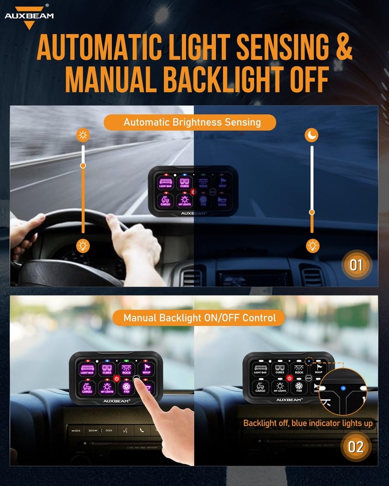 Auxbeam لوحة مفاتيح أوكسبيم 8 مفاتيح RC-800 تحكم عن بعد RGB لاسلكي مدى يصل إلى 165 قدم لوحة مفاتيح متعددة الوظائف 3 أوضاع إضاءة مع إضاءة خلفية مطفأة وقابلة للتعتيم التلقائي لسيارات RV والطرق الوعرة مقاومة للماء ضمان لمدة سنتين - Image 5