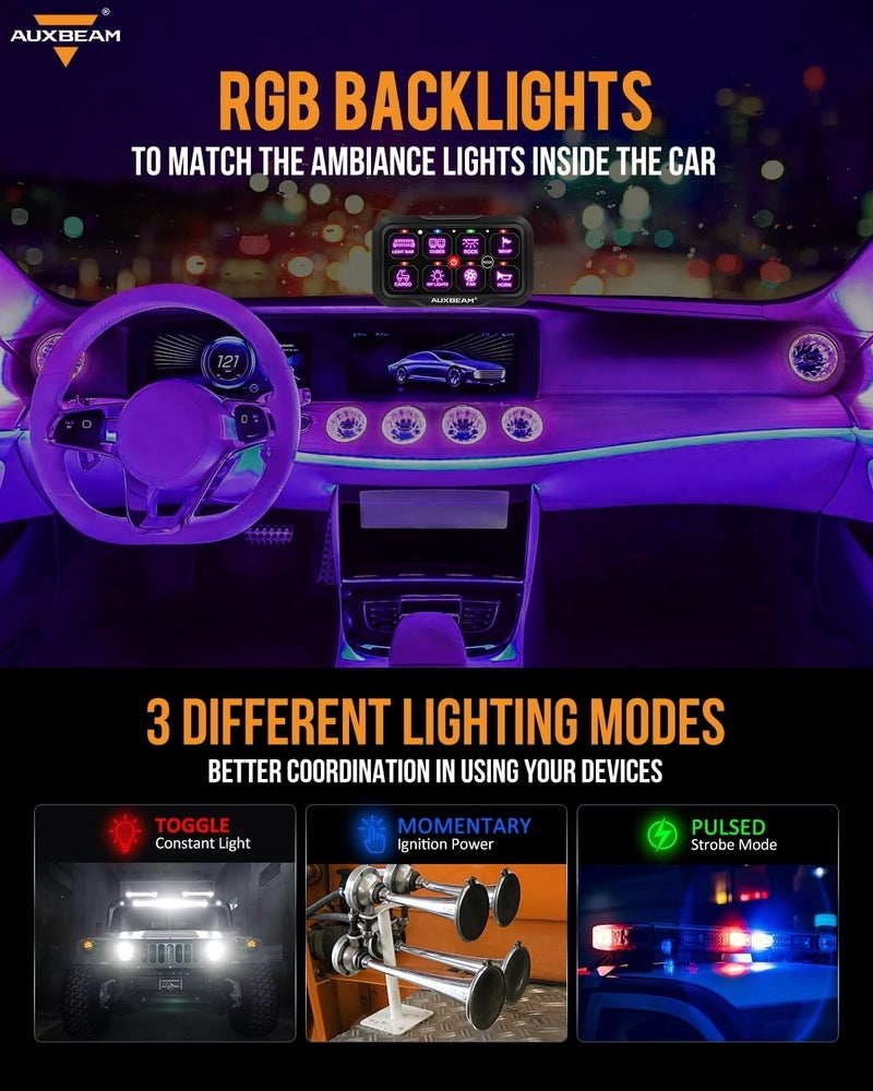 Auxbeam لوحة مفاتيح أوكسبيم 8 مفاتيح RC-800 تحكم عن بعد RGB لاسلكي مدى يصل إلى 165 قدم لوحة مفاتيح متعددة الوظائف 3 أوضاع إضاءة مع إضاءة خلفية مطفأة وقابلة للتعتيم التلقائي لسيارات RV والطرق الوعرة مقاومة للماء ضمان لمدة سنتين - Image 4