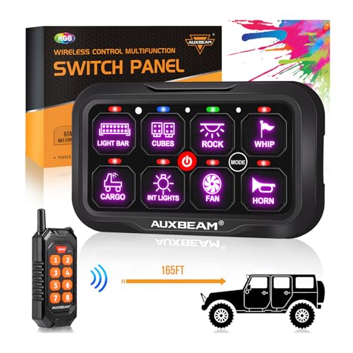 Auxbeam لوحة مفاتيح أوكسبيم 8 مفاتيح RC-800 تحكم عن بعد RGB لاسلكي مدى يصل إلى 165 قدم لوحة مفاتيح متعددة الوظائف 3 أوضاع إضاءة مع إضاءة خلفية مطفأة وقابلة للتعتيم التلقائي لسيارات RV والطرق الوعرة مقاومة للماء ضمان لمدة سنتين - Image 1