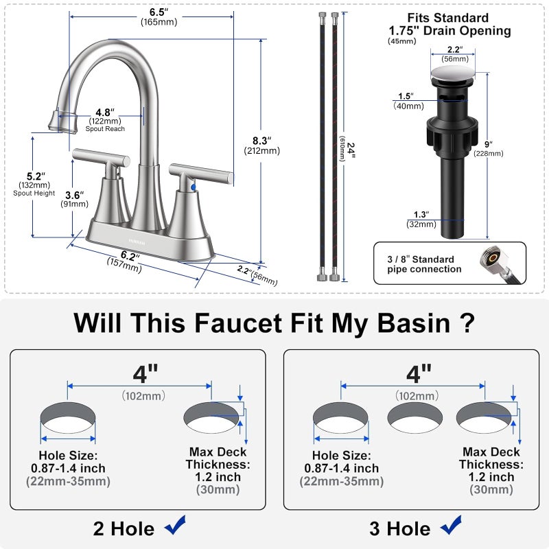 Hurran Bathroom Faucets for Sink 3 Hole, Hurran 4 inch Brushed Nickel Bathroom Sink Faucet with Pop-up Drain and Supply Hoses, Stainless Steel Lead-Free Centerset Faucet for Vanity RV, 2 Pack - Image 5