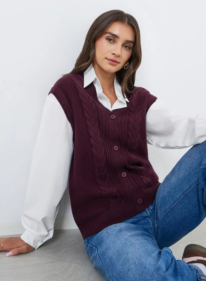 Styli Women Burgundy Cable Knit Vest