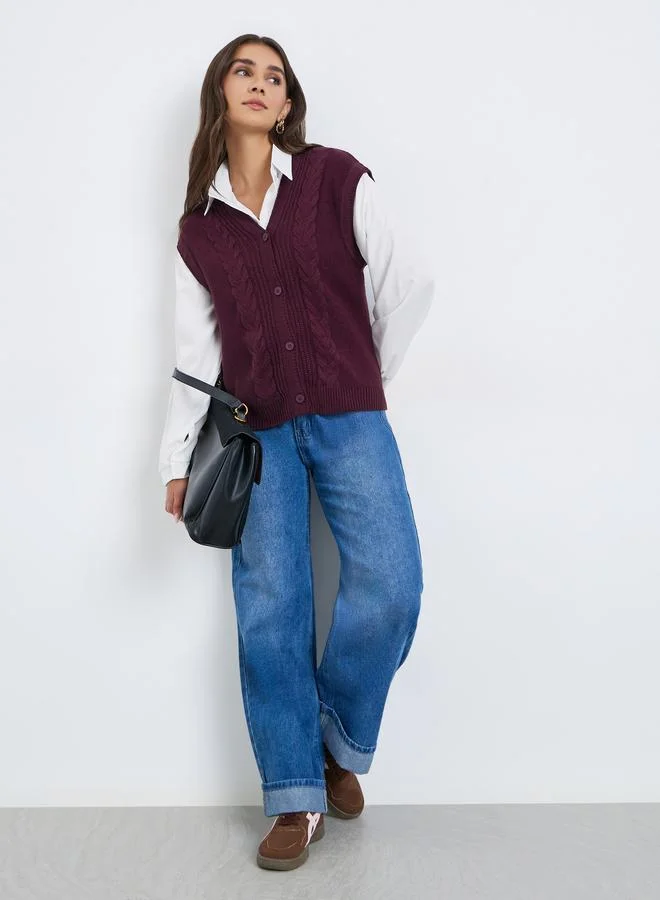 Styli Women Burgundy Cable Knit Vest