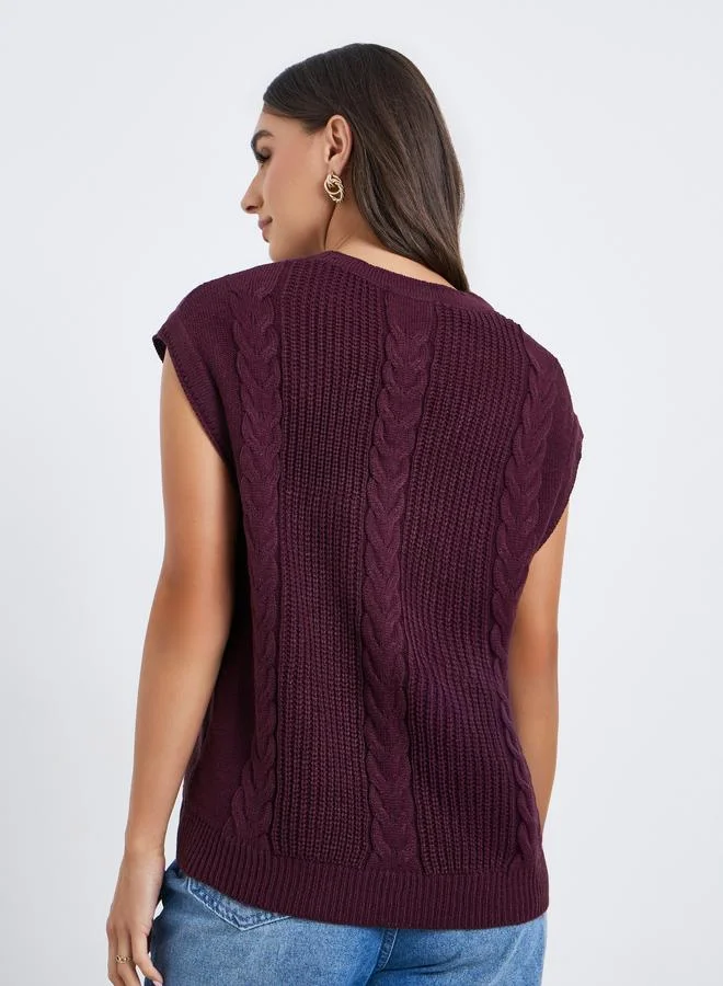 Styli Women Burgundy Cable Knit Vest