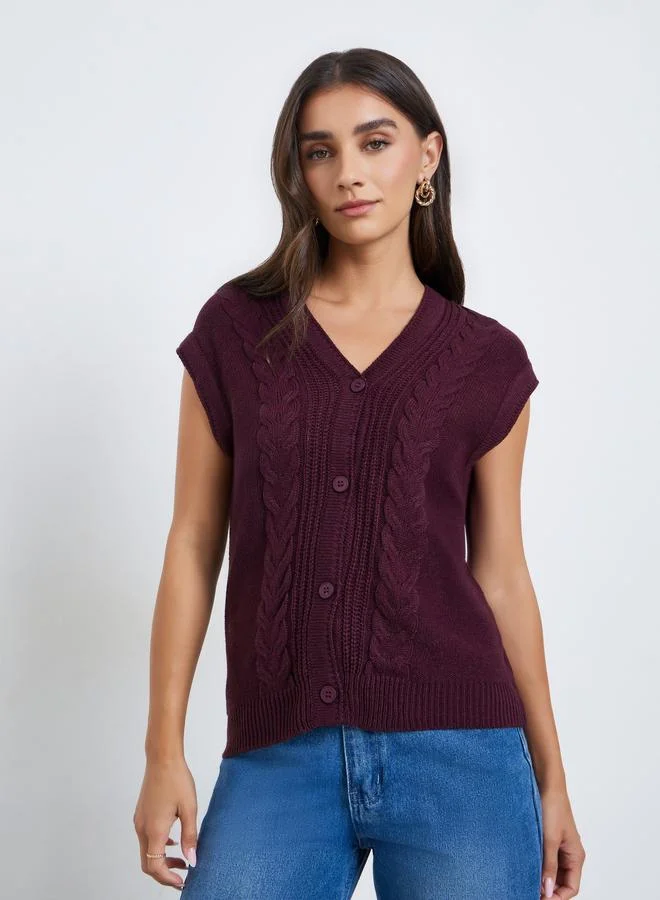 Styli Women Burgundy Cable Knit Vest